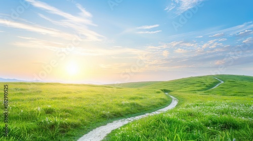 A long, winding road runs through a lush green field