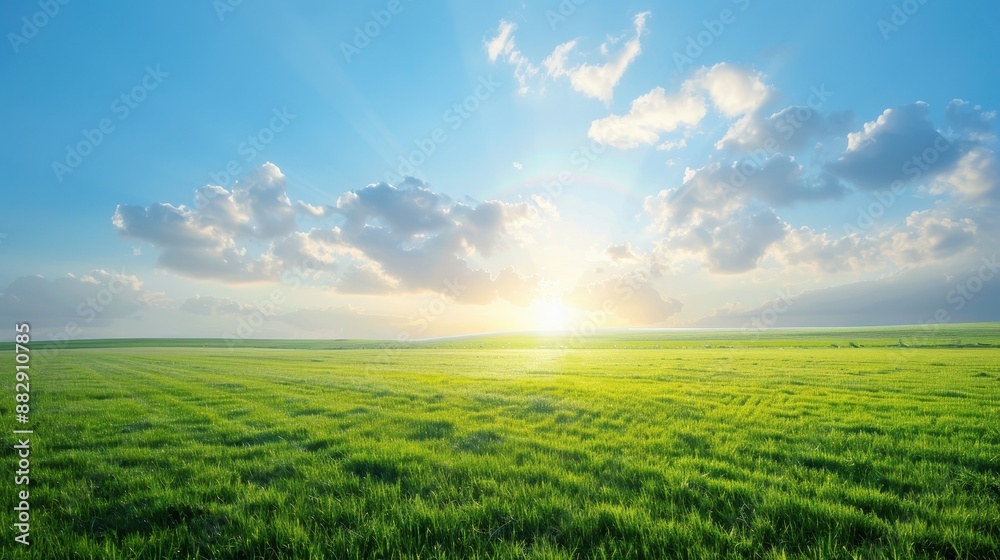 A field of grass with a bright blue sky and a sun shining through the clouds A field of grass with a bright blue sky and a sun shining through the clouds