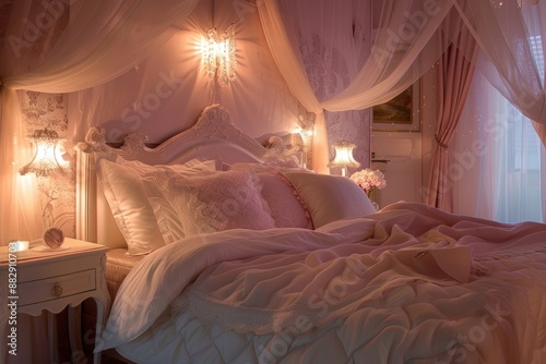 A romantic bedroom interior adorned with soft pink tones and gentle lighting, creating a cozy and intimate atmosphere. © Thi