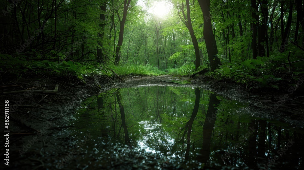 Serene Forest Pond Reflecting Lush Greenery and Sunlight in a Tranquil Woodland Setting Serene Forest Pond Reflecting Lush Greenery and Sunlight in a Tranquil Woodland Setting