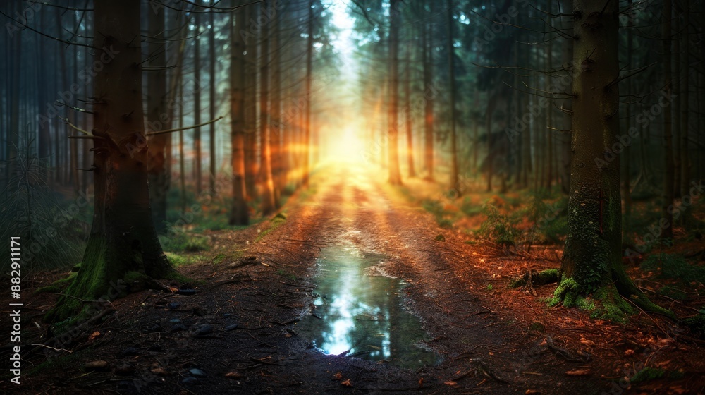 Fototapeta premium Enchanting Forest Path with Sunlight Breaking Through Trees and Reflective Puddle