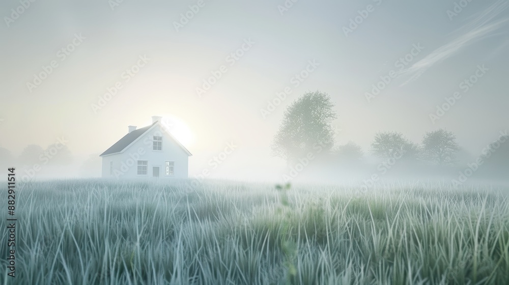 A white house is in the middle of a field with foggy grass A white house is in the middle of a field with foggy grass