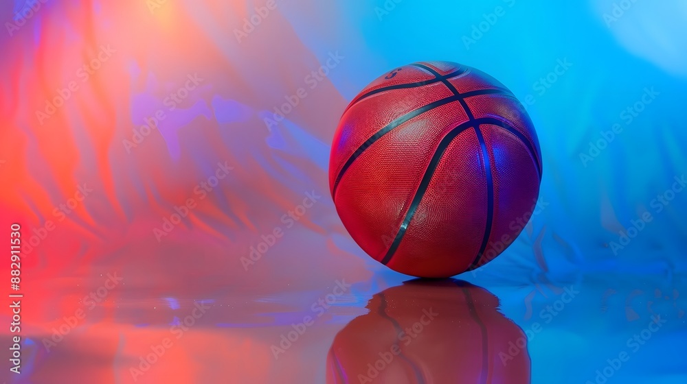 Fototapeta premium Shiny rubber surface of basketball placed on vibrant background in studio in blue light. 