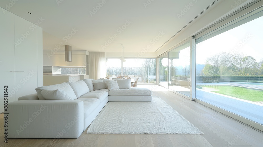Fototapeta premium A large white living room with a white couch and a white rug