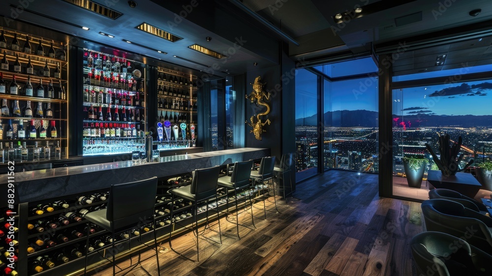 A stylish home bar with floor-to-ceiling wine racks, a sleek counter, and bar stools with a view of the city lights.