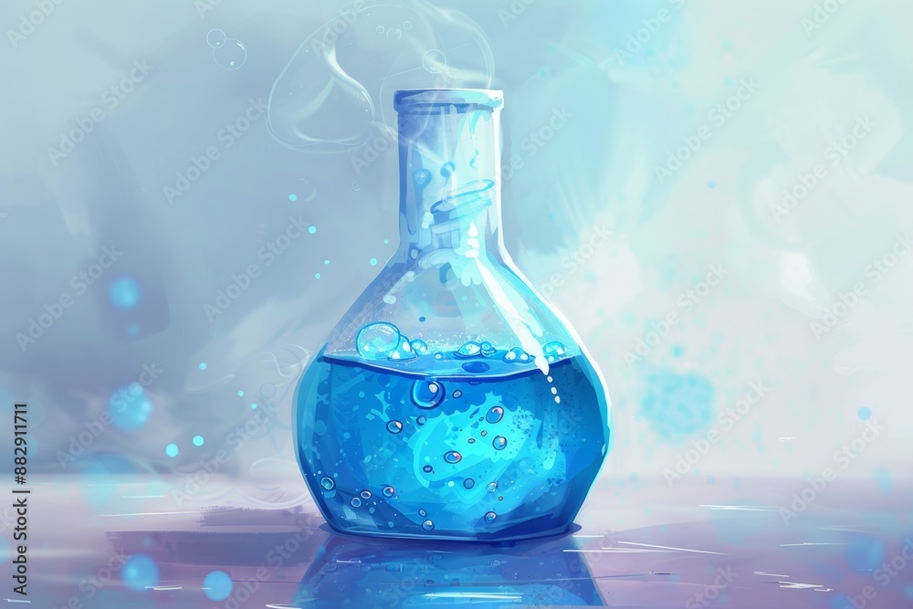 A laboratory flask filled with blue liquid and bubbles, set against a clean, bright background, digital art A laboratory flask filled with blue liquid and bubbles, set against a clean, bright background, digital art
