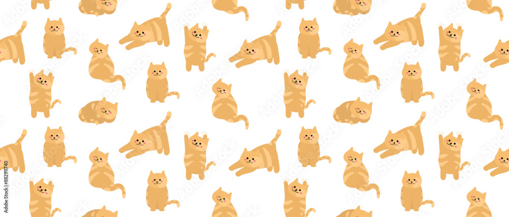 Seamless cute pattern with ginger cats. Kids pattern isolated on changeable white background for print wrapper paper, fabric. Flat style cats ornament in horizontal format. Nice animals character. Seamless cute pattern with ginger cats. Kids pattern isolated on changeable white background for print wrapper paper, fabric. Flat style cats ornament in horizontal format. Nice animals character.