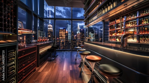 A stylish home bar with floor-to-ceiling wine racks, a sleek counter, and bar stools with a view of the city lights.