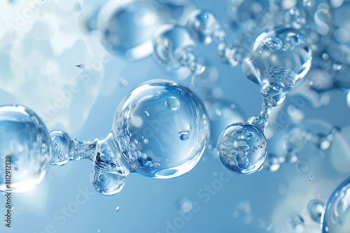 Close-up of water molecules floating in clear water, showing detailed structure and transparency, digital art