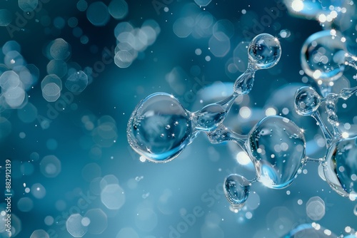 Close-up of water molecules floating in clear water, showing detailed structure and transparency, digital art