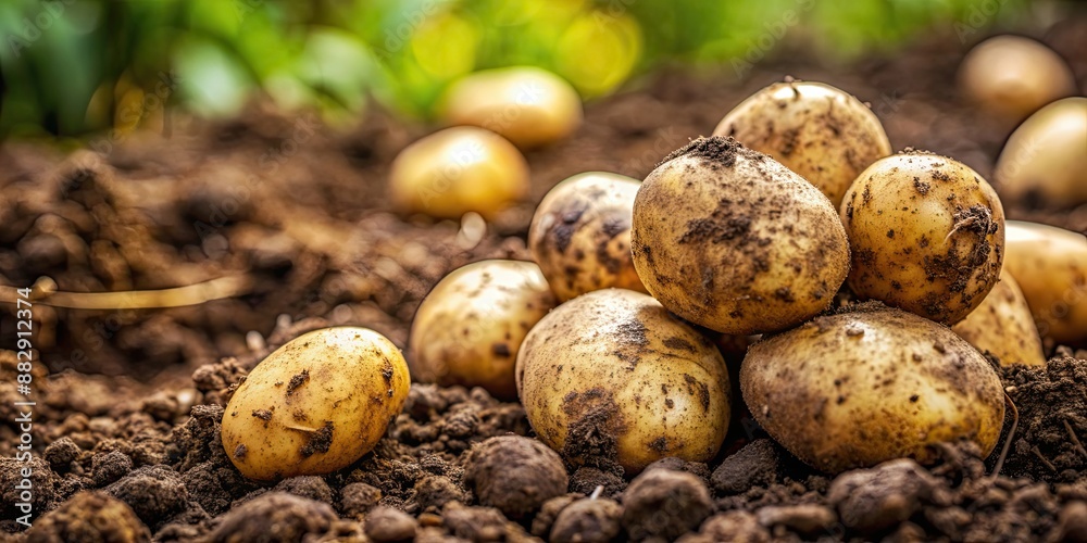 Close-up of freshly harvested potatoes with soil still clinging to them, Fresh, potatoes, harvest, farming, agriculture, organic Close-up of freshly harvested potatoes with soil still clinging to them, Fresh, potatoes, harvest, farming, agriculture, organic