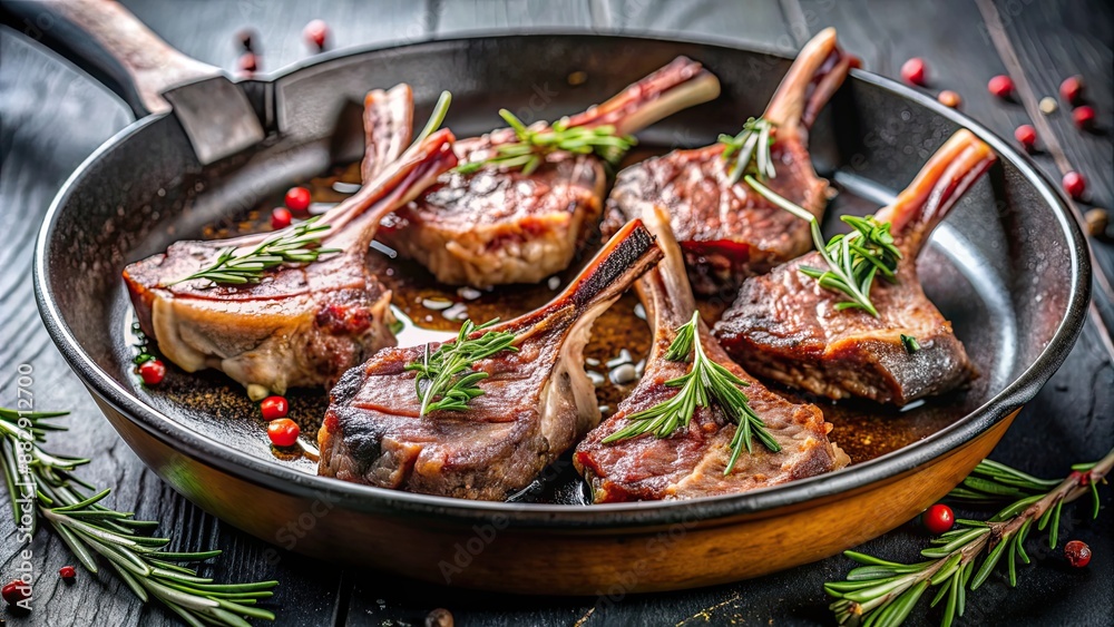 Close-up of succulent cast iron lamb chops sizzling on a hot skillet , lamb, chops, cast iron, cooking, sizzling, searing, skillet Close-up of succulent cast iron lamb chops sizzling on a hot skillet , lamb, chops, cast iron, cooking, sizzling, searing, skillet