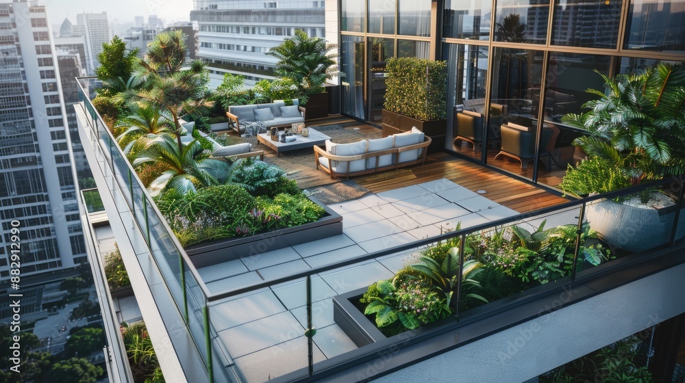 A stylish rooftop garden with floor-to-ceiling glass railings, lush greenery, and comfortable seating areas. A stylish rooftop garden with floor-to-ceiling glass railings, lush greenery, and comfortable seating areas.