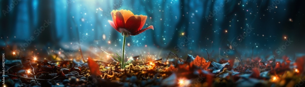 Obraz premium Enchanting Forest Flower Illuminated by Magical Light with Sparkling Fireflies in a Mystical Woodland