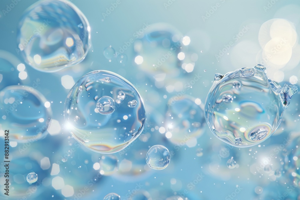 Close-up of water molecules with a light blue background, highlighting their spherical shape and transparency, digital art Close-up of water molecules with a light blue background, highlighting their spherical shape and transparency, digital art