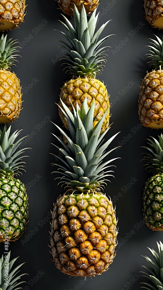 A vertical pattern of pineapples against a dark gray background. A vertical pattern of pineapples against a dark gray background.