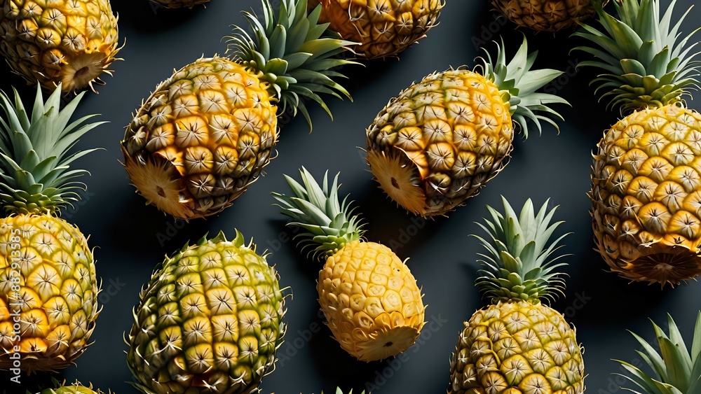 A pattern of pineapples on a dark background. A pattern of pineapples on a dark background.