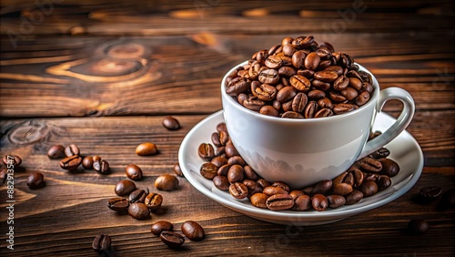 Coffee beans in a white coffee cup, coffee, beans, cup, drink, aroma, caffeine, morning, boost, energy, refreshment, beverage, roasted