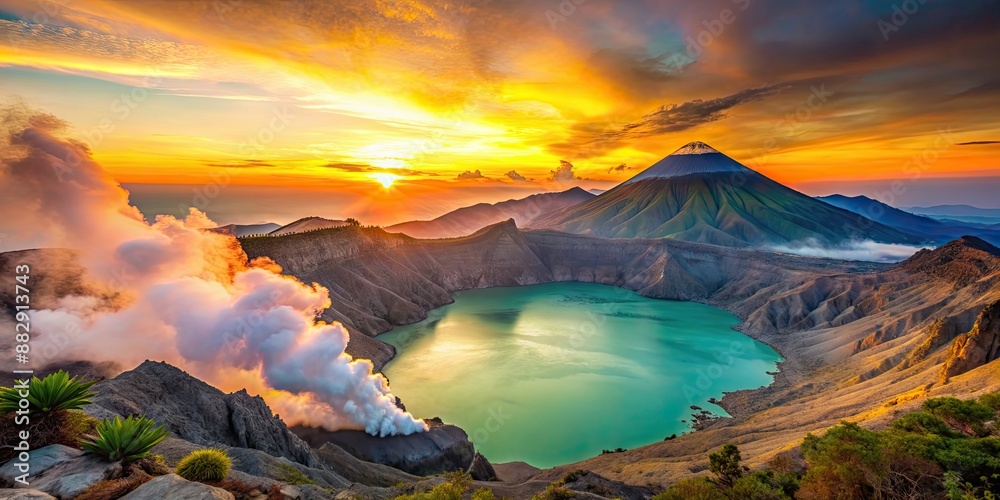 Naklejka premium Beautiful sunrise over Kawah Ijen volcano with lush trees in Java, Indonesia, volcano, Kawah Ijen, Java, Indonesia, trees
