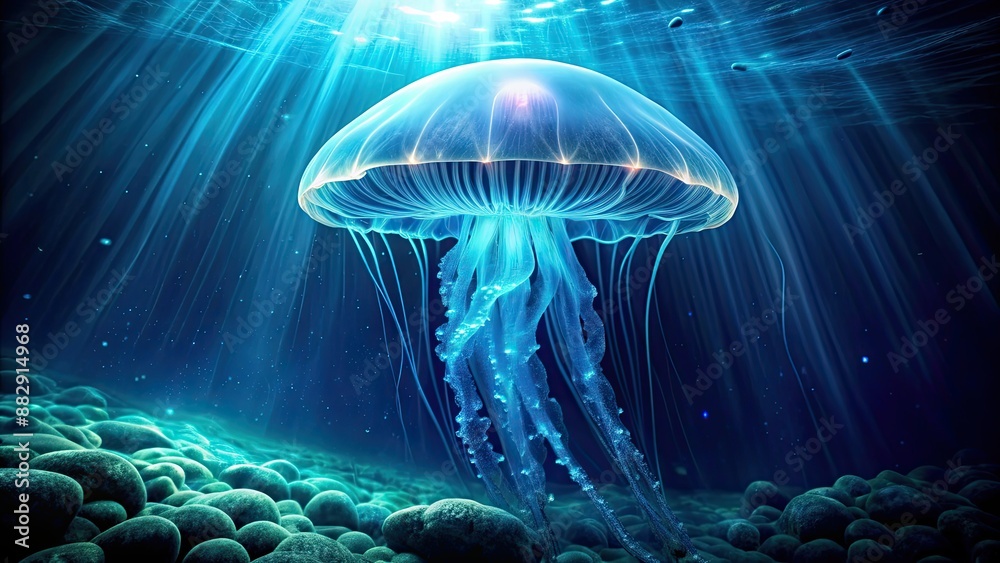 Bioluminescent jellyfish emitting a soft glow in the depths of the ocean , underwater, marine life Bioluminescent jellyfish emitting a soft glow in the depths of the ocean , underwater, marine life