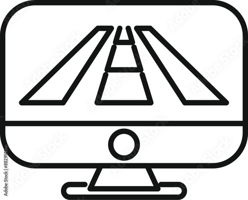 Line art icon of a computer screen displaying a road marking, symbolizing the development of self driving car technology