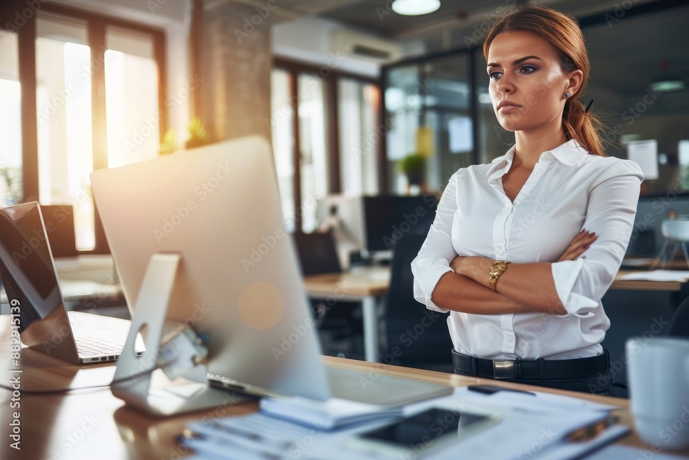Confident successful businesswoman in white shirt standing with arms crossed in modern office Confident successful businesswoman in white shirt standing with arms crossed in modern office
