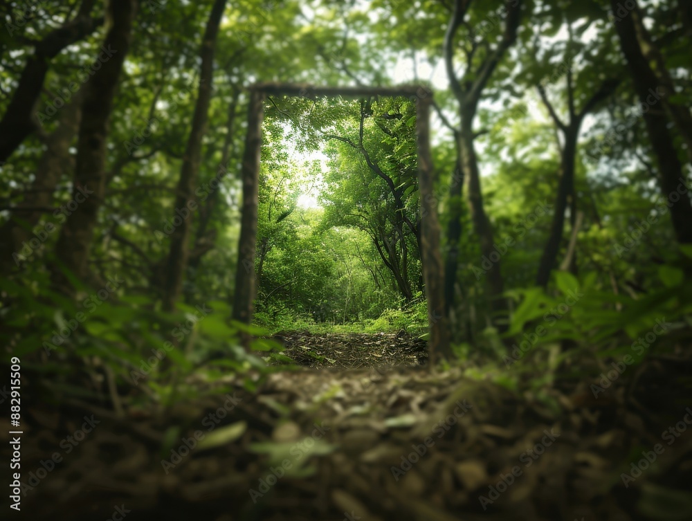 Enchanting Forest Pathway Framed by Natural Wooden Archway in Lush Greenery Enchanting Forest Pathway Framed by Natural Wooden Archway in Lush Greenery