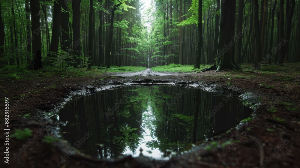 Obraz premium Serene Forest Path with Reflective Pond Surrounded by Lush Green Trees and Tranquil Atmosphere