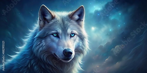Fototapeta Naklejka Na Ścianę i Meble -  Blue-eyed wolf with a mystical and elegant gaze, wolf, blue, eyes, magical, sophisticated, mystical, wild, animal