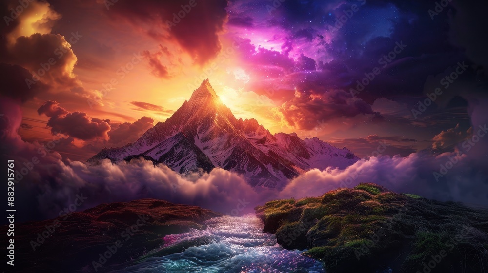 Fototapeta premium Majestic Mountain Peak at Sunset with Dramatic Clouds and Flowing Stream in a Dreamlike Landscape
