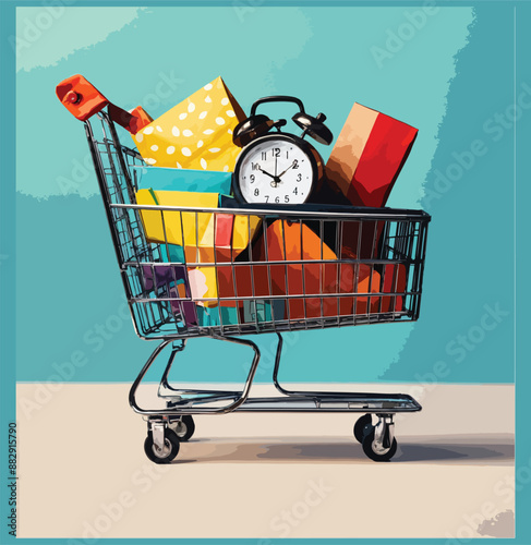 Shopping cart near packages on shelves in supermarket