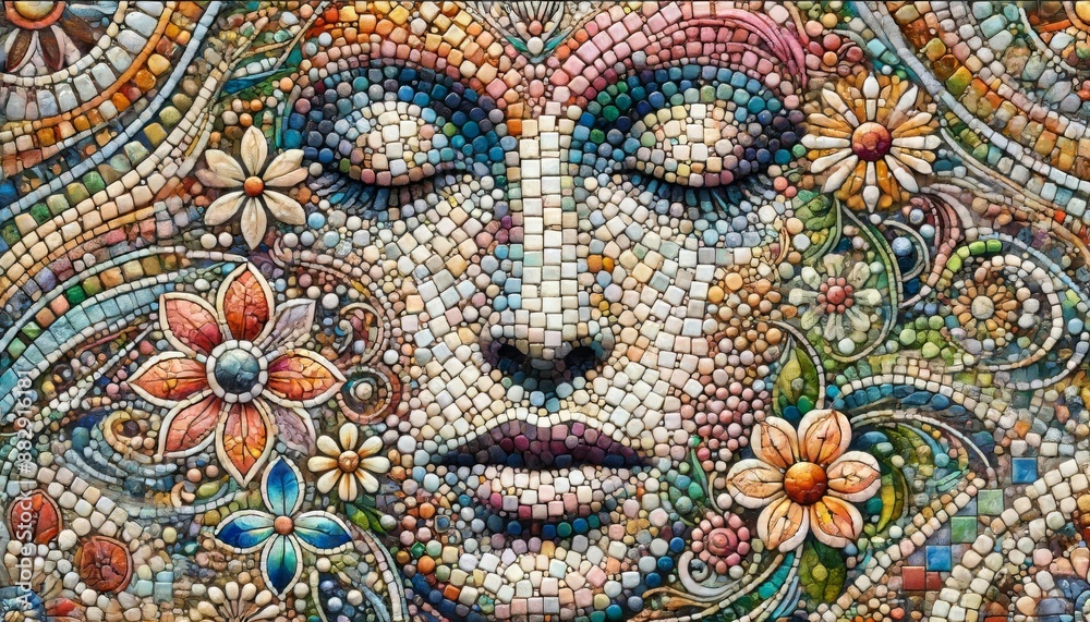 A detailed and focused image of a mosaic face with intricate floral patterns blending into the background. A detailed and focused image of a mosaic face with intricate floral patterns blending into the background.