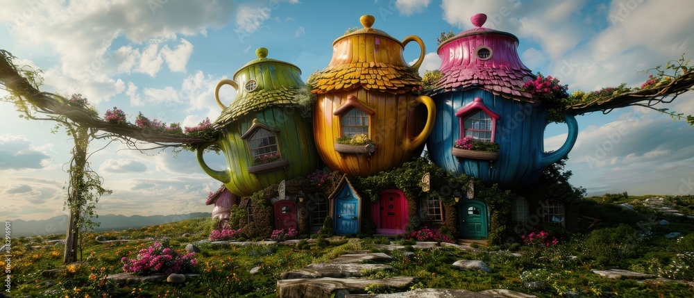 Fototapeta premium Whimsical Teapot Houses in a Fantasy Landscape with Colorful Doors and Lush Greenery