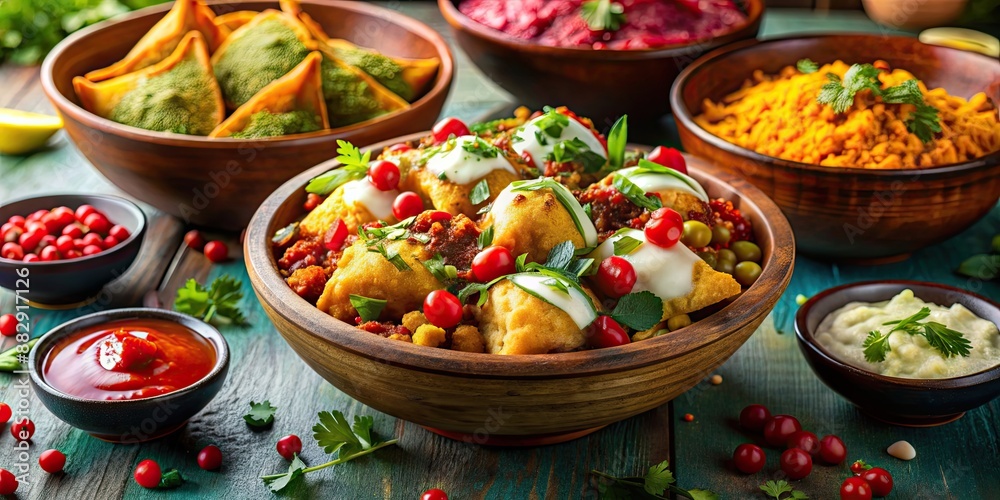 Colorful bowl of spicy and tangy Indian chaat with samosas, puris, chutneys, yogurt, and spices, Indian, street food, chaat Colorful bowl of spicy and tangy Indian chaat with samosas, puris, chutneys, yogurt, and spices, Indian, street food, chaat