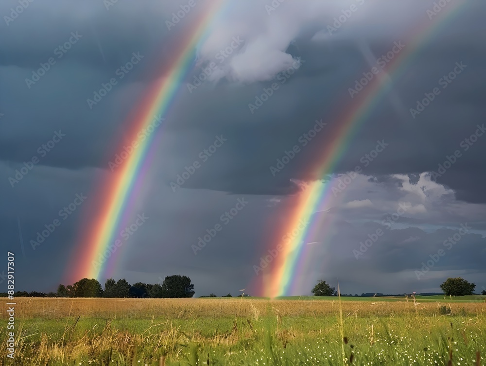 A vivid double rainbow arcs across a stormy sky, illuminating a field and trees. Dark clouds loom, creating a dramatic contrast with the bright colors of the rainbows. A vivid double rainbow arcs across a stormy sky, illuminating a field and trees. Dark clouds loom, creating a dramatic contrast with the bright colors of the rainbows.