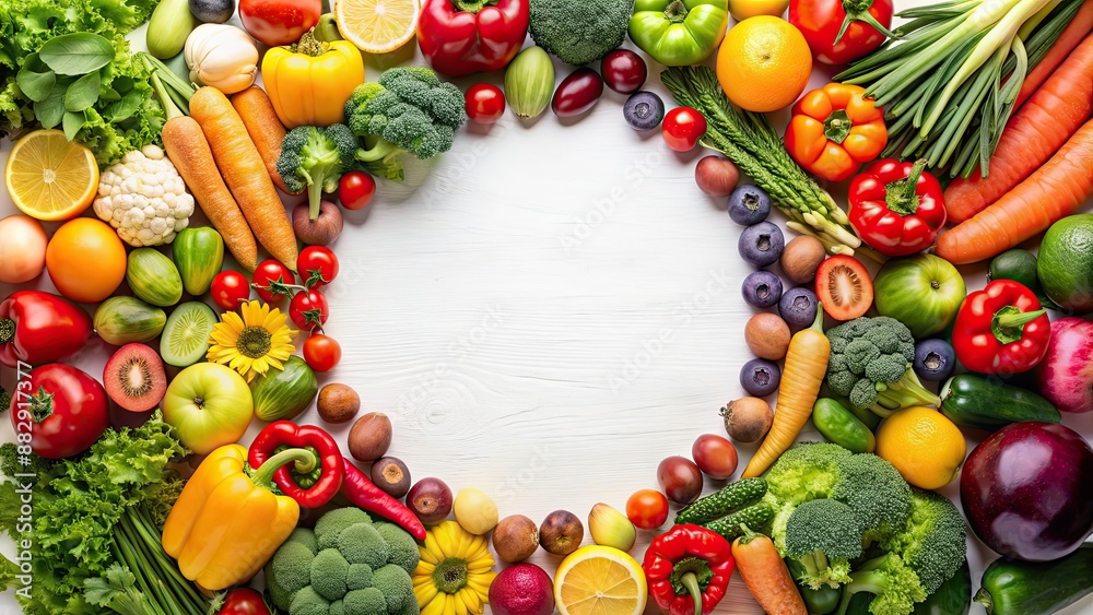 Circle diagram of various vegetarian fruits and vegetables, promoting a flatly nutrition diet, healthy, food