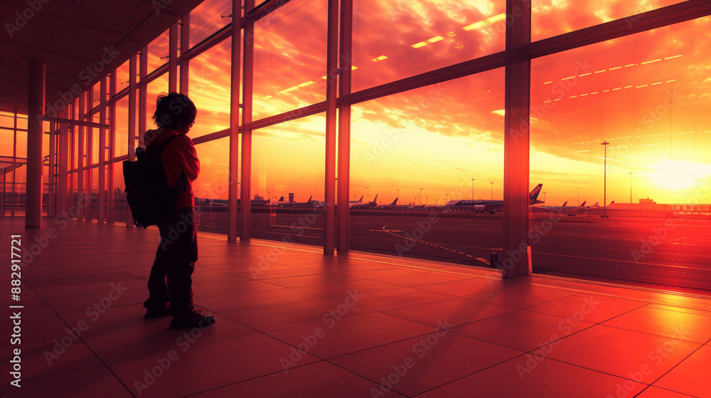 Fototapeta premium He is wearing a backpack and he is waiting for a flight