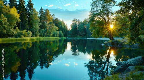 Serene lake landscape with forest reflection at sunset, tranquil evening nature scene with clear sky and vibrant colors. photo