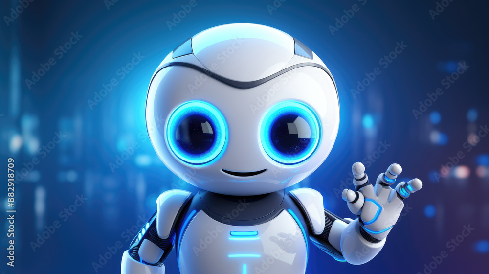 Cute robot waving with glowing blue eyes and futuristic background Cute robot waving with glowing blue eyes and futuristic background