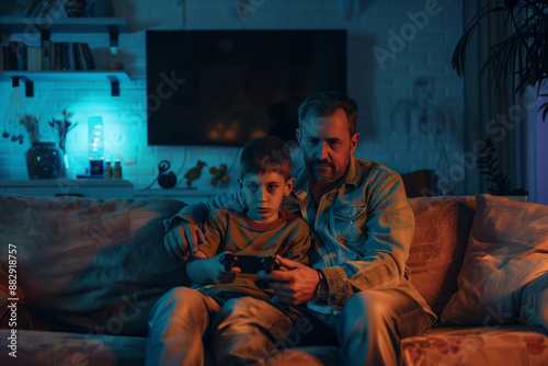 Father and son play video games sitting on sofa at home. AI gene