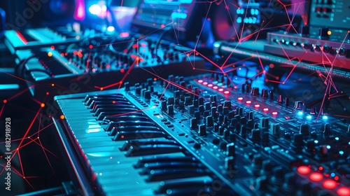 A high-tech digital interface with electronic musical instruments and computers connected, showing the intricate web of MIDI communication standards in action