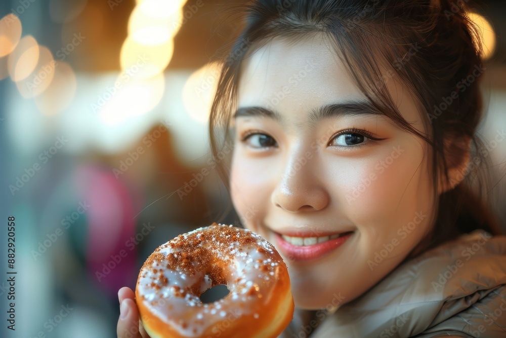 Smiling Asian woman enjoying a glazed donut, showcasing a sweet treat indulgence. Smiling Asian woman enjoying a glazed donut, showcasing a sweet treat indulgence.