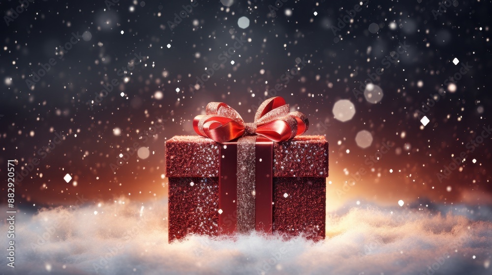 Red Christmas gift box with a bow on snowy surface with falling snow and bokeh lights. Perfect for Christmas or holiday themes. Red Christmas gift box with a bow on snowy surface with falling snow and bokeh lights. Perfect for Christmas or holiday themes.