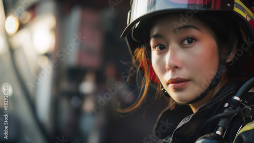 Asian female firefighter looking at the subject with a serious or sad expression, copy space 