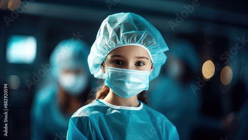 Young Female Medical Student or Surgeon in Scrubs and Mask in Hospital Operating Room. Concept of healthcare, surgery, and medical education