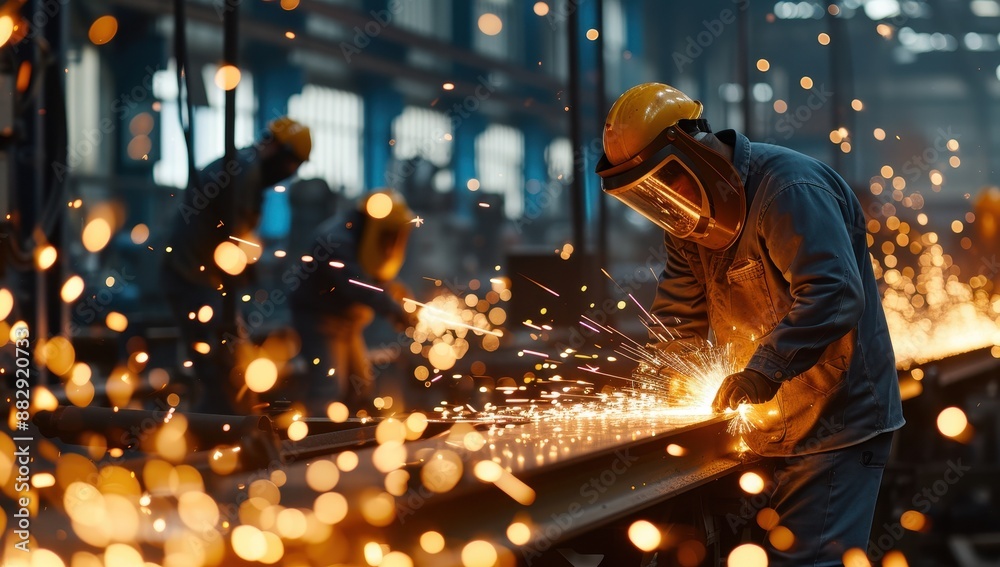 Industrial Workers in Protective Gear Using Power Tools for Metalwork in a Heavy Industry Factory Industrial Workers in Protective Gear Using Power Tools for Metalwork in a Heavy Industry Factory