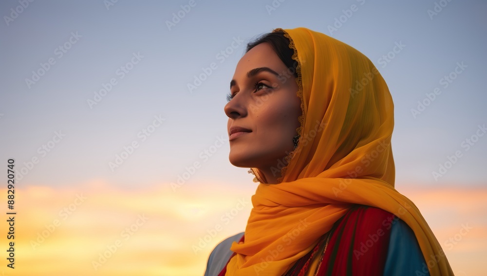Young Muslim woman wearing a headscarf, empowered and hopeful, with sunset sky in background. Young Muslim woman wearing a headscarf, empowered and hopeful, with sunset sky in background.