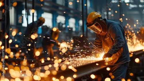 Industrial Workers in Protective Gear Using Power Tools for Metalwork in a Heavy Industry Factory