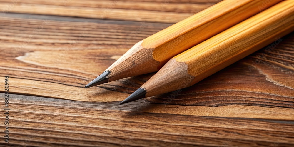 Obraz premium Close up of two carpenter's pencils on a wooden table , wood, carpentry, tools, equipment, workshop, DIY, craft