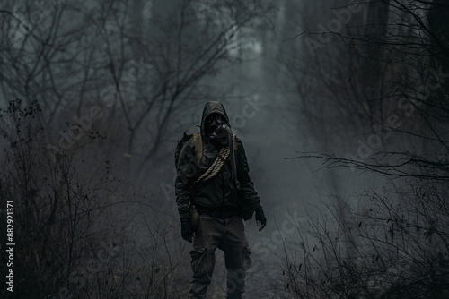 Fototapeta A man in camouflage in a post-apocalyptic smoky dark forest